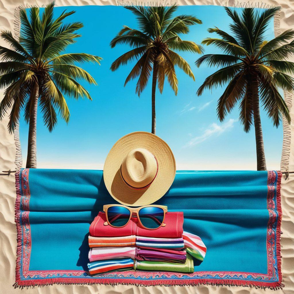 A sun-kissed beach scene featuring stylish beachwear and colorful swimwear laid out on vibrant beach towels. Include tropical palm trees in the background, a sparkling blue ocean, and a radiant sun overhead. Add a couple of fashionable beach accessories like sunglasses and a straw hat for an upbeat summer vibe. Emphasize bright colors and a lively atmosphere. super-realistic. vibrant colors. beach setting.