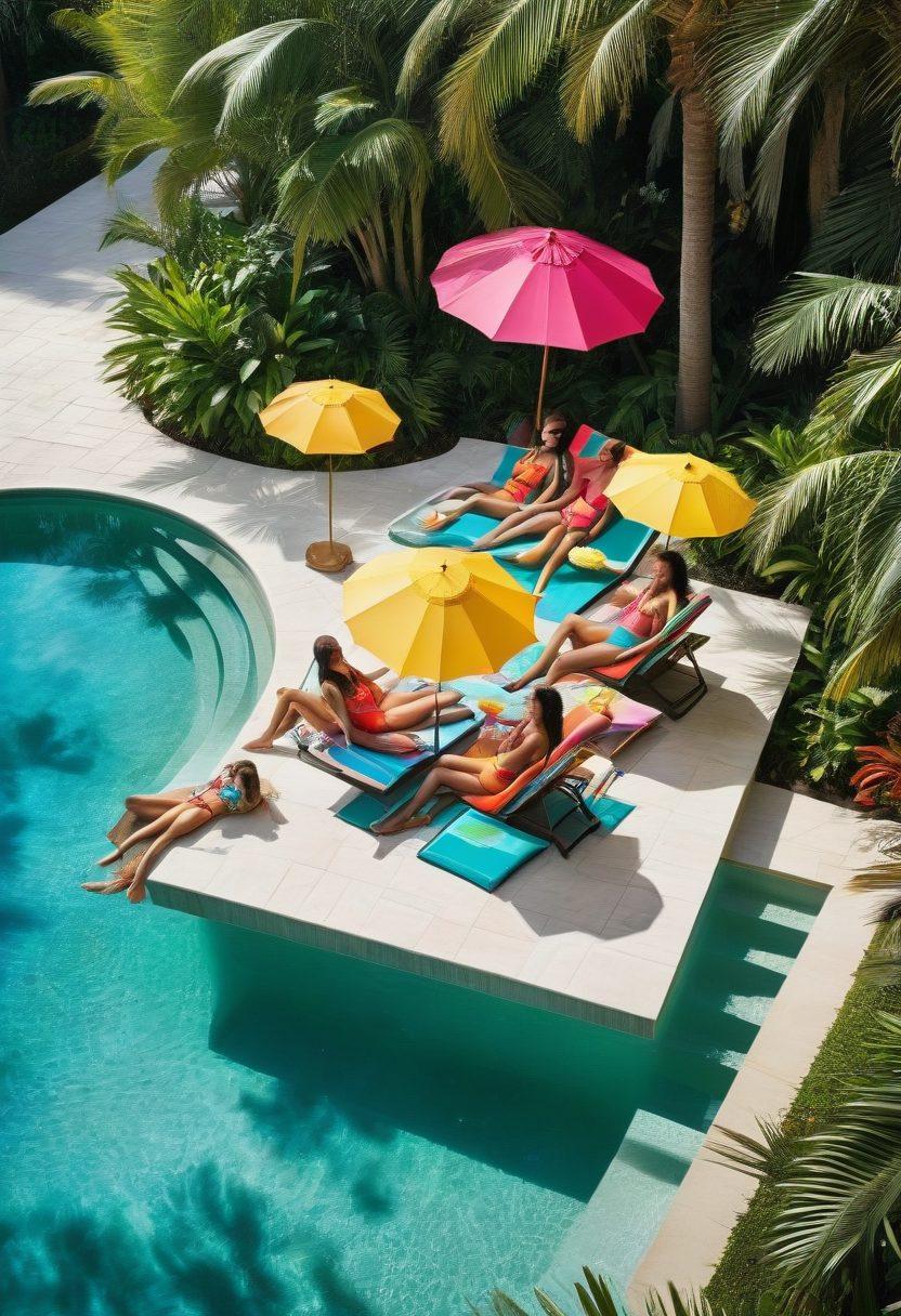 A sun-kissed poolside scene featuring diverse models showcasing vibrant swimwear styles, lounging under colorful umbrellas with palm trees swaying in the background. Accentuate the crystal-clear water reflecting sunlight, and include tropical drinks on a chic side table. Make it feel like a paradise getaway. vibrant colors. super-realistic. tropical theme.